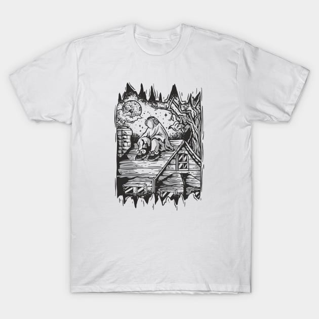 Lonely Ghost Sitting on Roof // Funny Halloween Sketch T-Shirt by SLAG_Creative